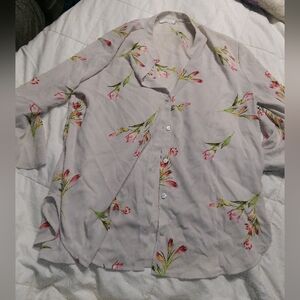 Lush Cream Floral Button-Down Shirt with Pink & Green Accents